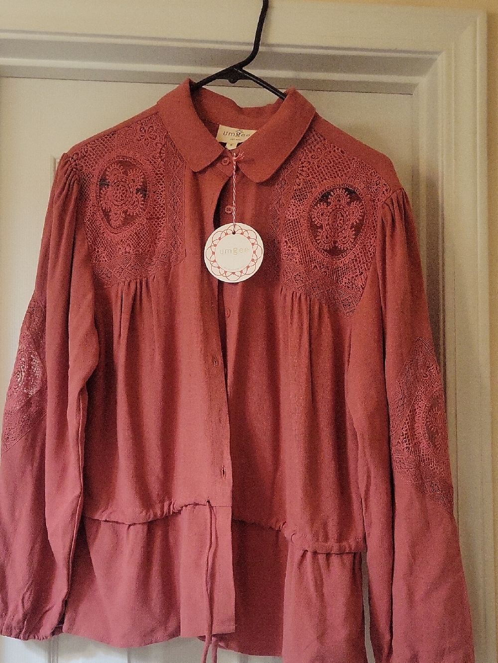 Umgee Rust Lace-Yoke Button Front Blouse